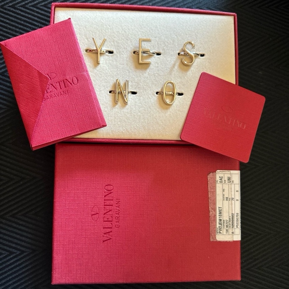Valentino Garavani Gold Alphabet Letter Ring Set with Red Packaging